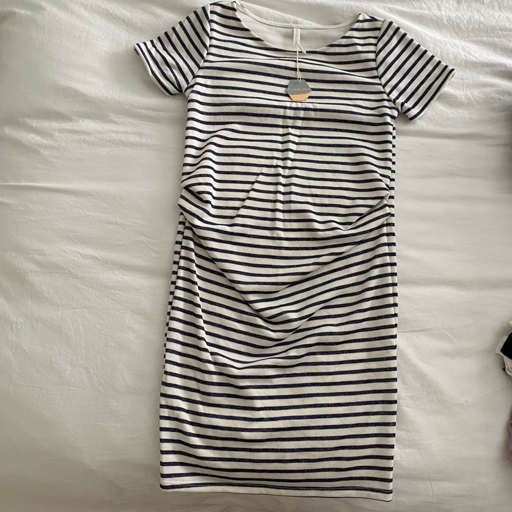 PinkBlush Maternity White with Blue Stripes Dress S